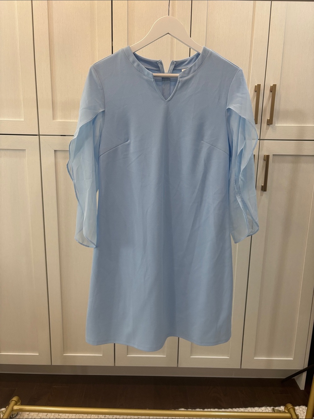 Light Blue V-Neck Shift Dress with Sheer Sleeves